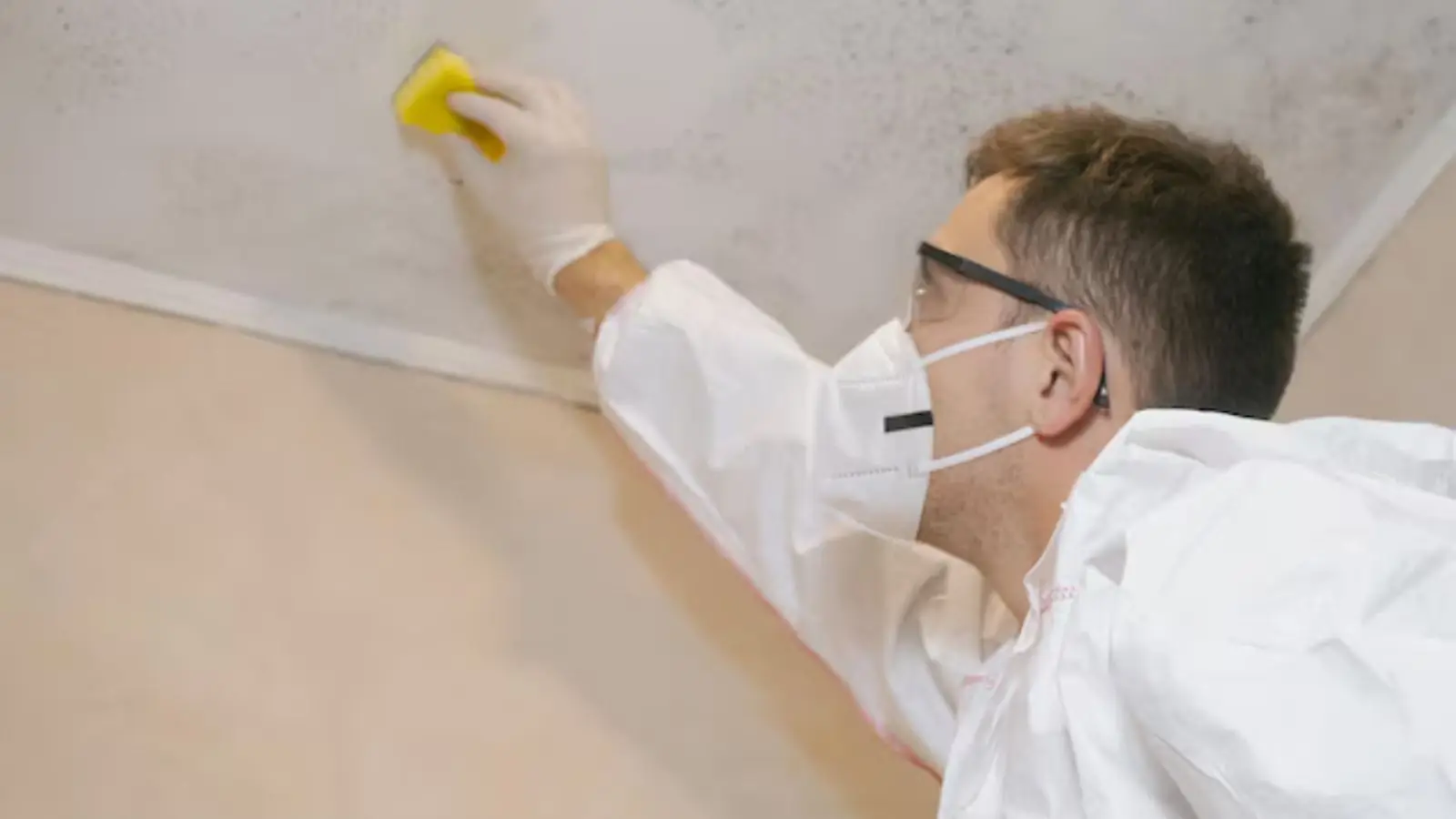 Person in a mask and protective suit wiping a mold-stained wall corner