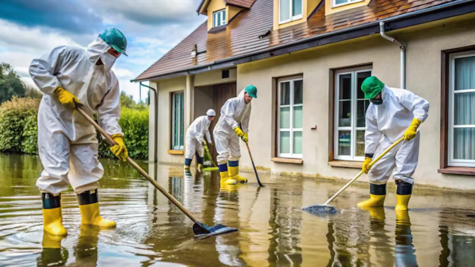 Crew in protective suits and boots clearing floodwater around a house
