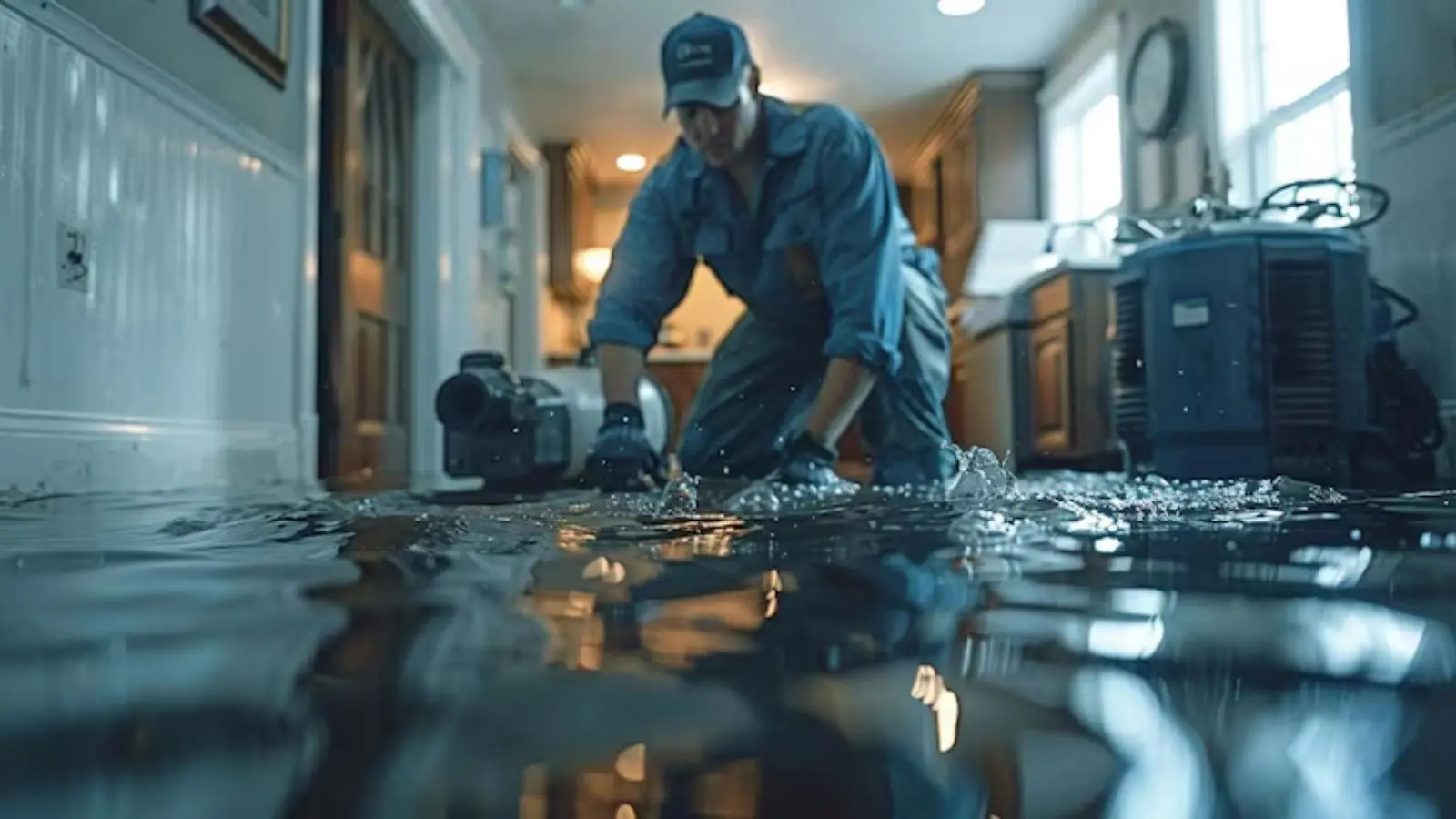 Technician setting up drying equipment in a water-damaged hallway