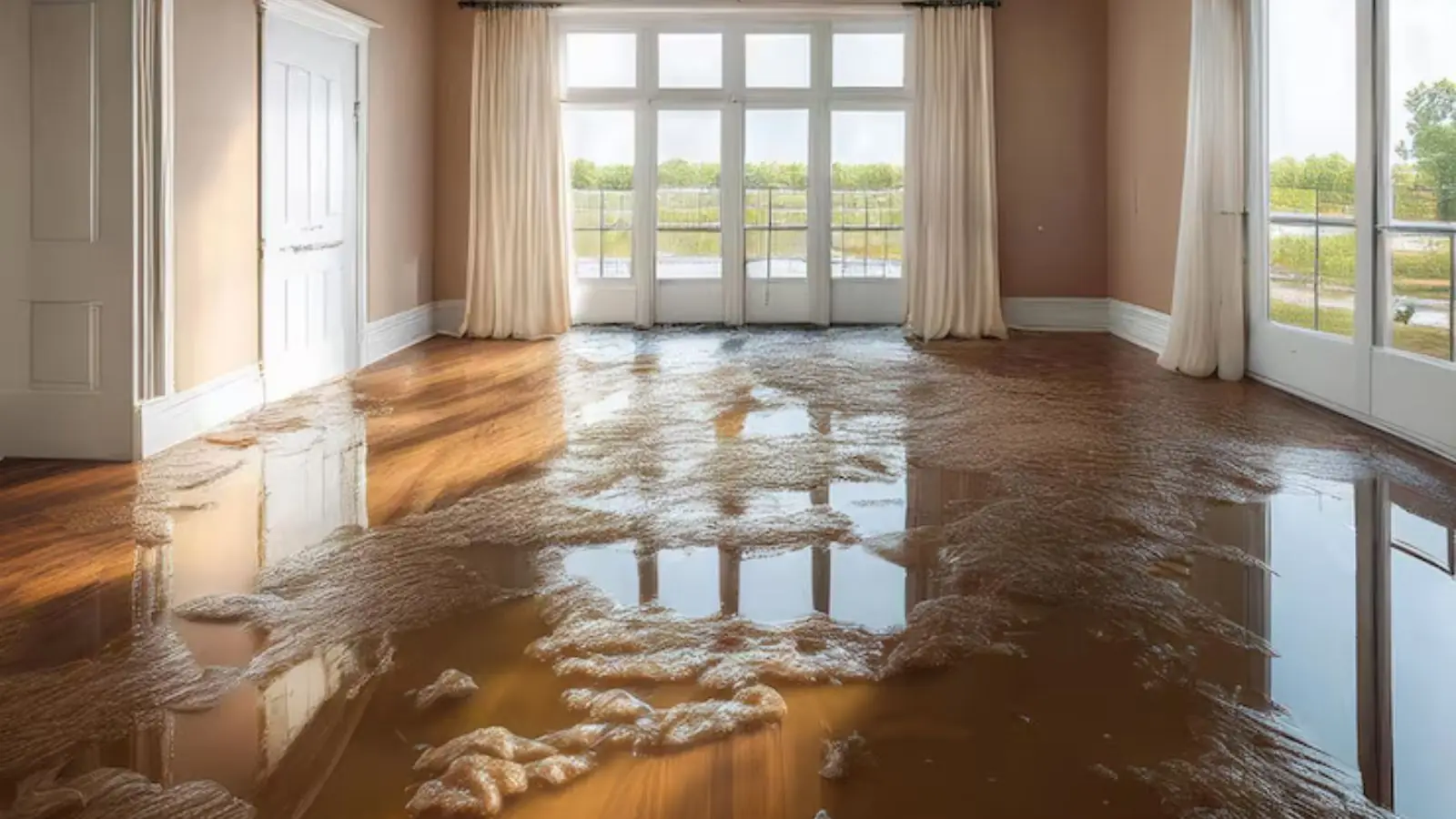 Water covering a hardwood floor in a bright room with French doors
