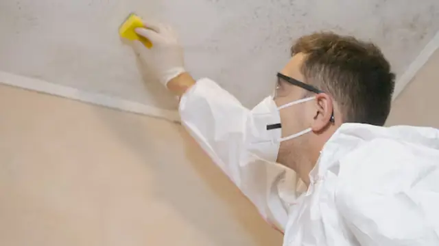 Person in a mask and protective suit wiping a mold-stained wall corner
