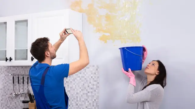 Two people photographing a water-stained wall while holding a bucket