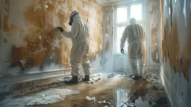 Two technicians in protective suits assessing a mold-damaged room