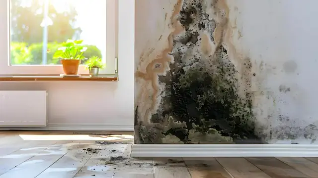 Black mold growing on a wall corner beside a window