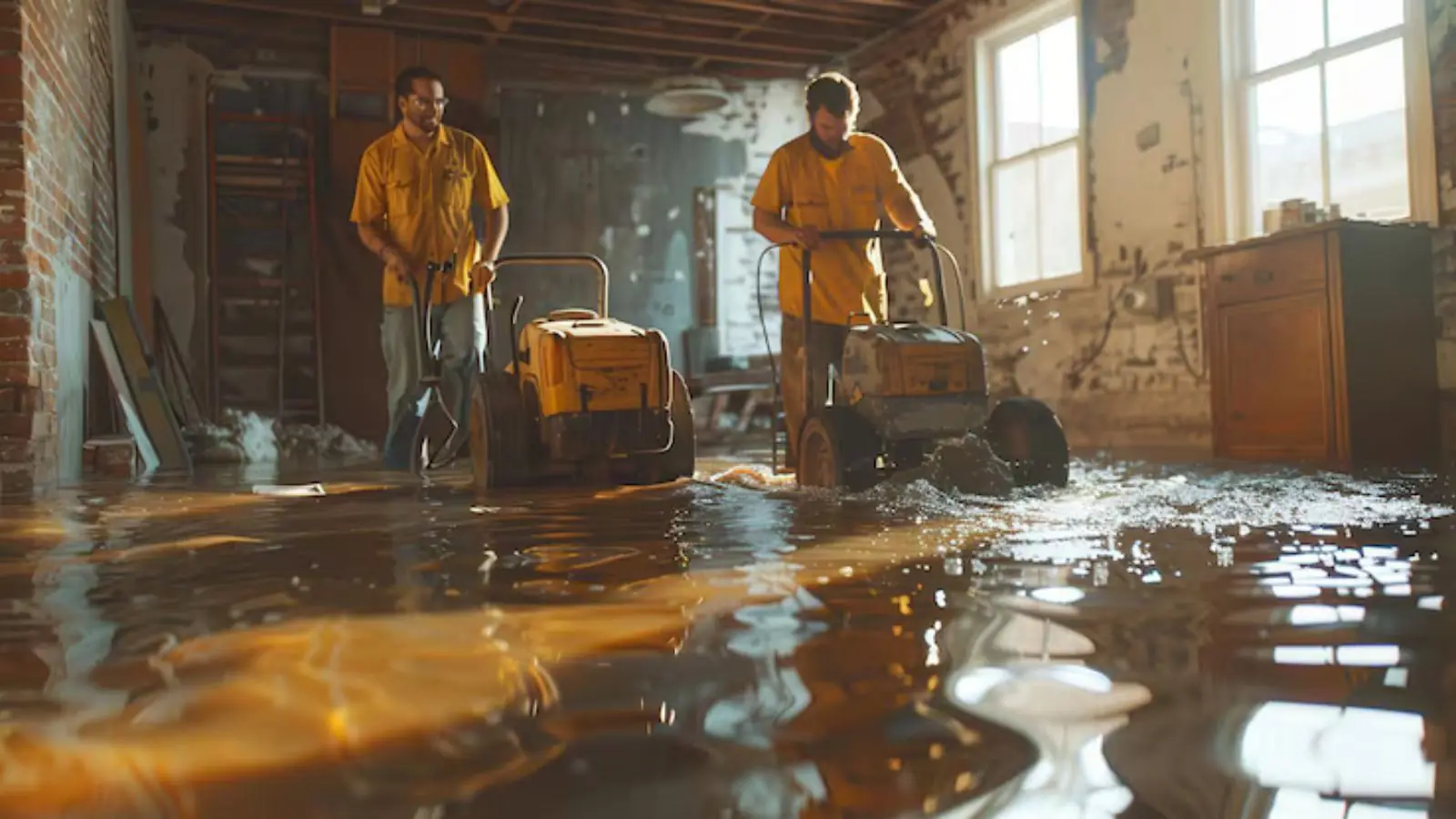 Two workers in yellow jackets running floor equipment through a water-damaged room