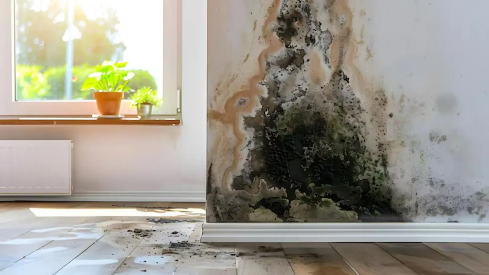 Black mold growing on a wall corner beside a window